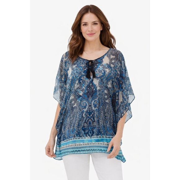 Chico's Tops - Chicos Blue Paisley Sheer Boho Blouse Size S M Tassel Tie Top Katran